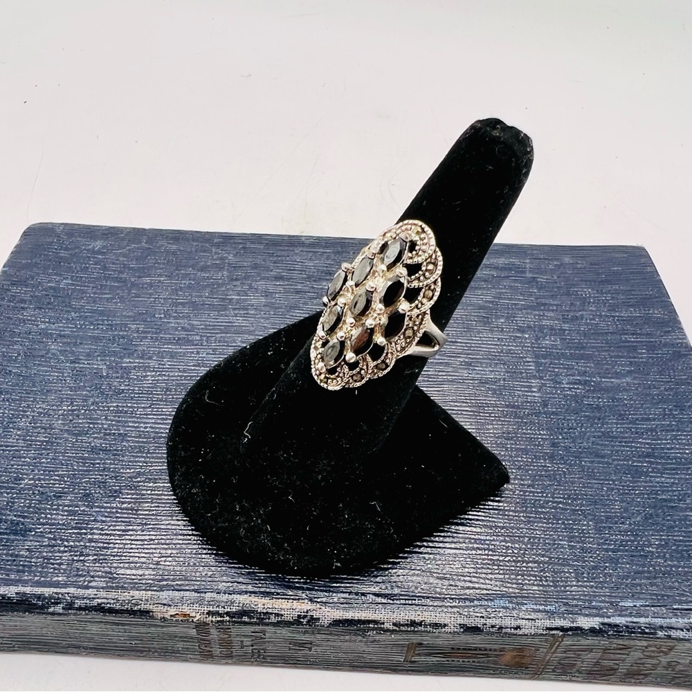 Sterling silver lattice cocktail ring black navette rhinestones size 7 - Picture 4 of 15